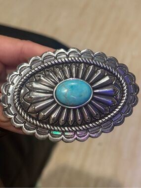 Ariat Silver Oval Belt Buckle with Turquoise Stone